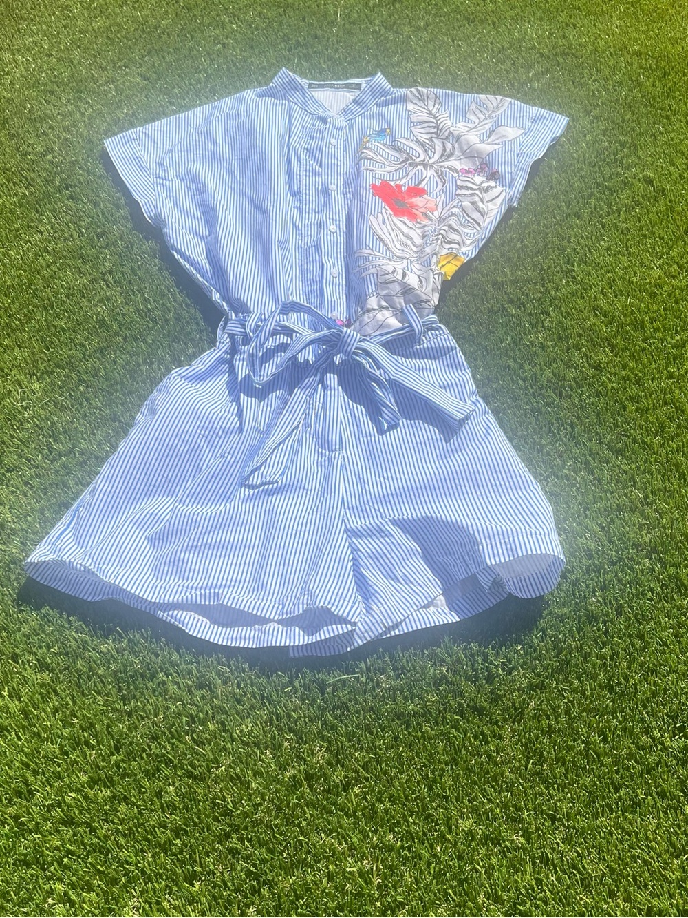 Zara Blue and White Striped Floral Romper